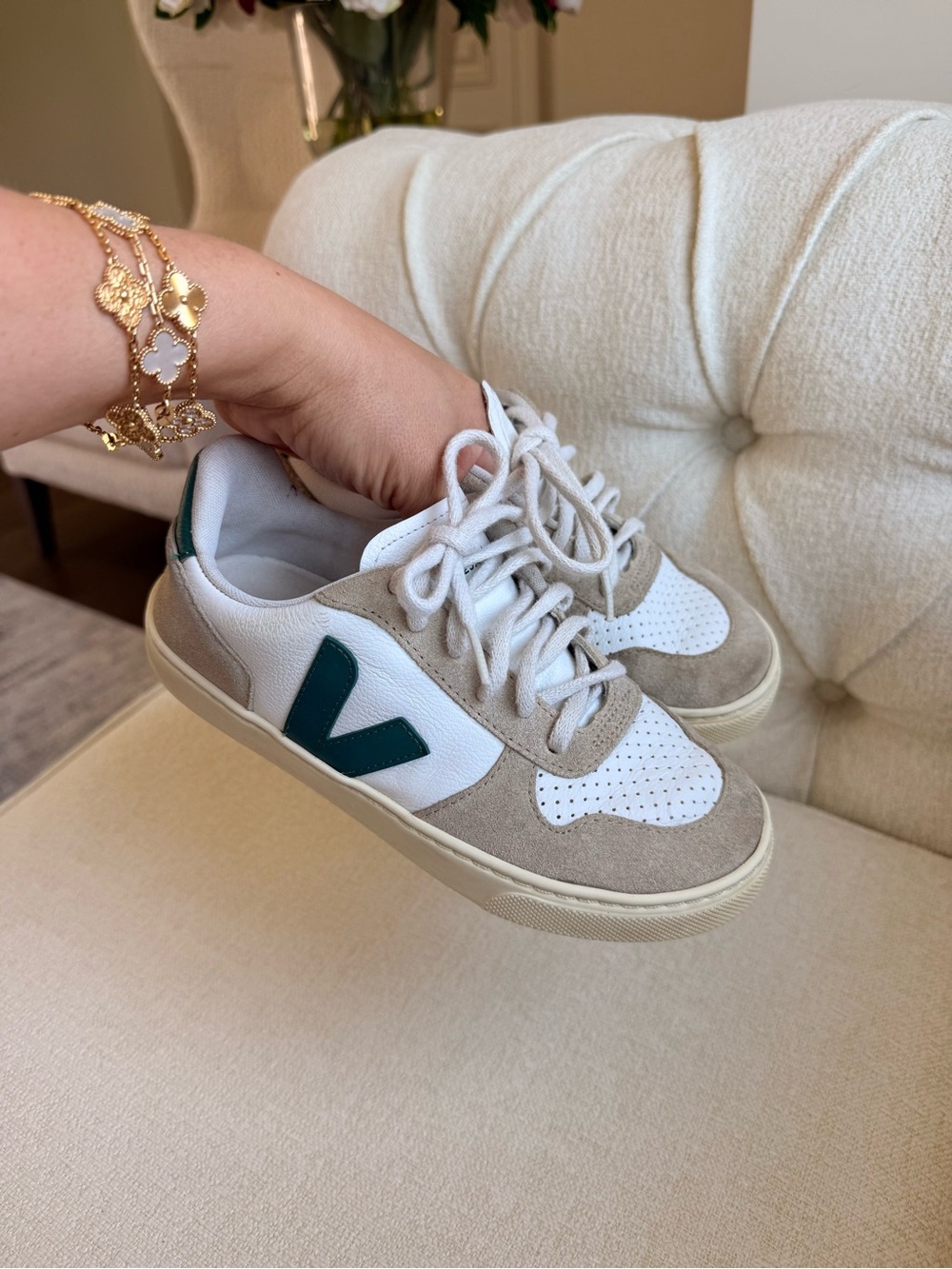 Veja Kids White & Green Sneakers with Green V